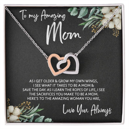 To Mom - Mother's Day Necklace - "Here's to an Amazing Woman" - Interlocking Hearts Necklace Gift Set - Design Dark 3.1