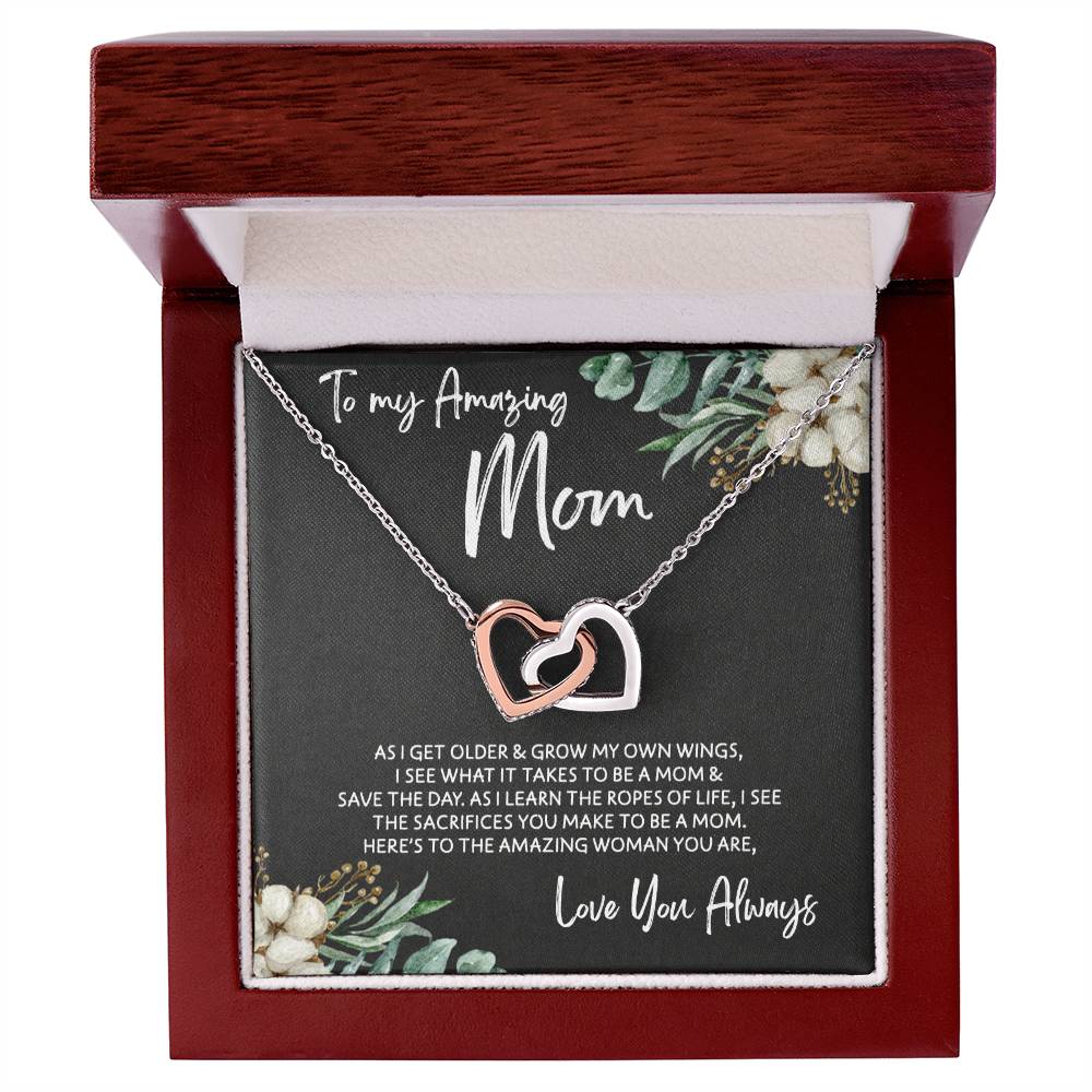 To Mom - Mother's Day Necklace - "Here's to an Amazing Woman" - Interlocking Hearts Necklace Gift Set - Design Dark 3.1