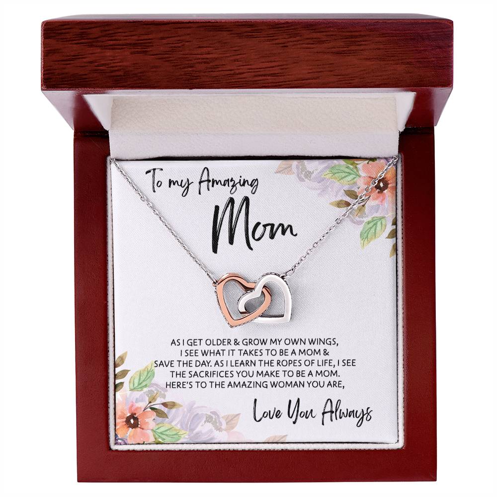 To Mom - Mother's Day Necklace - "Here's to an Amazing Woman" - Interlocking Hearts Necklace Gift Set - Design Light 3.1