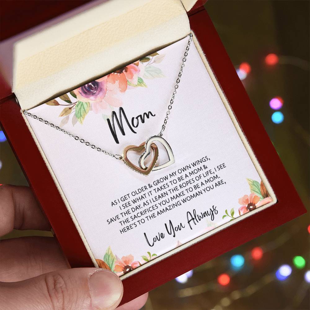 To Mom - Mother's Day Necklace - "Here's to an Amazing Woman" - Interlocking Hearts Necklace Gift Set - Design Light 3.2