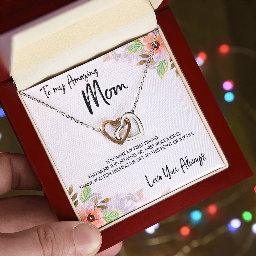 To Mom - Mother's Day Necklace - "You Were My First Friend" - Interlocking Hearts Necklace Gift Set - Design Light 5.1