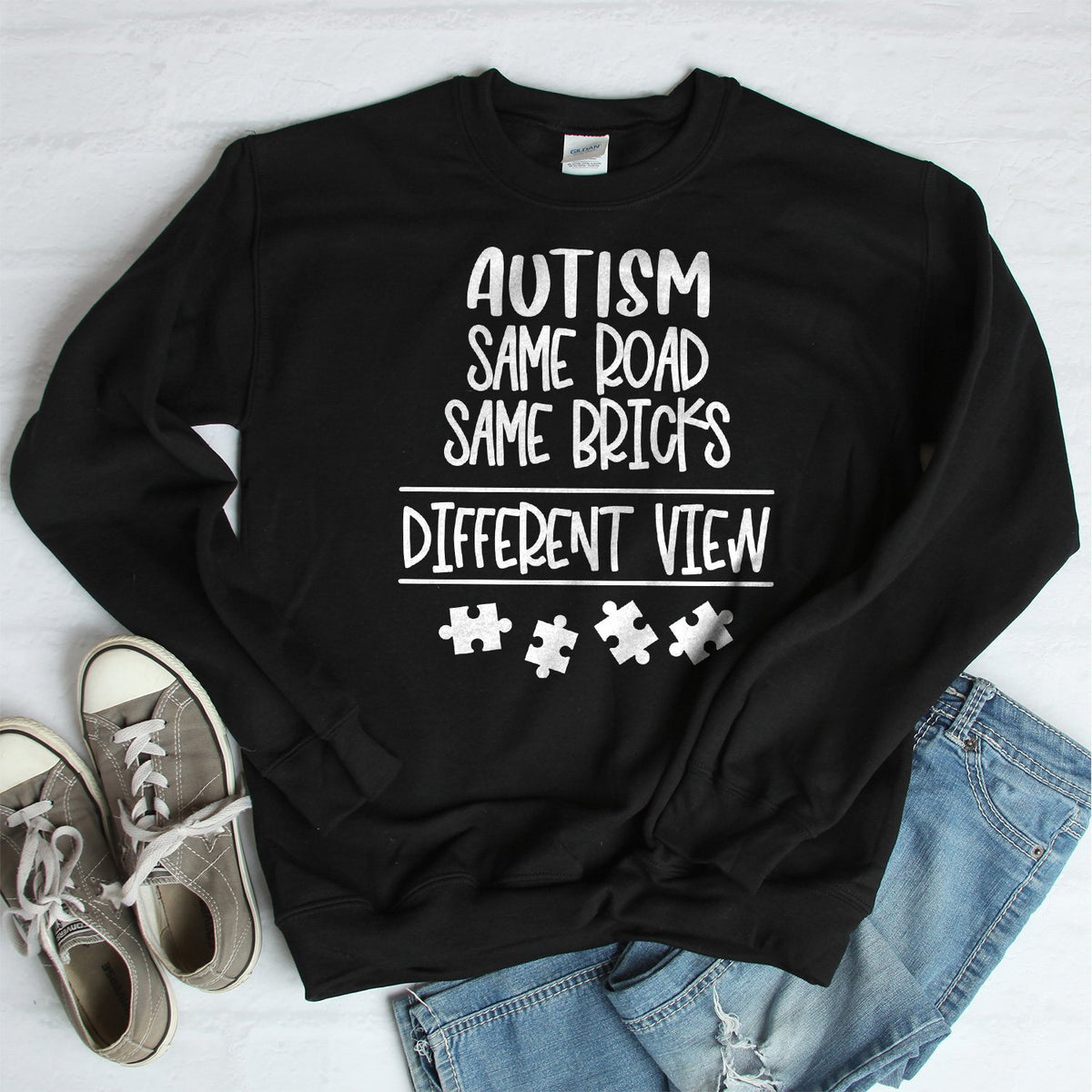 AUTISM Same Road Same Bricks Different View - Long Sleeve Heavy Crewneck Sweatshirt