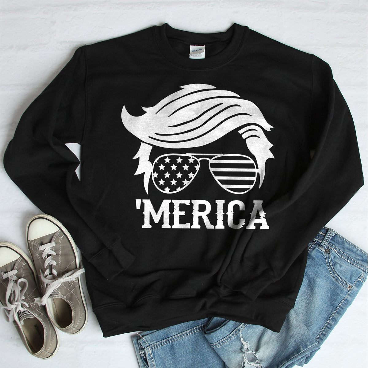 Trump Merica Glasses - Long Sleeve Heavy Crewneck Sweatshirt