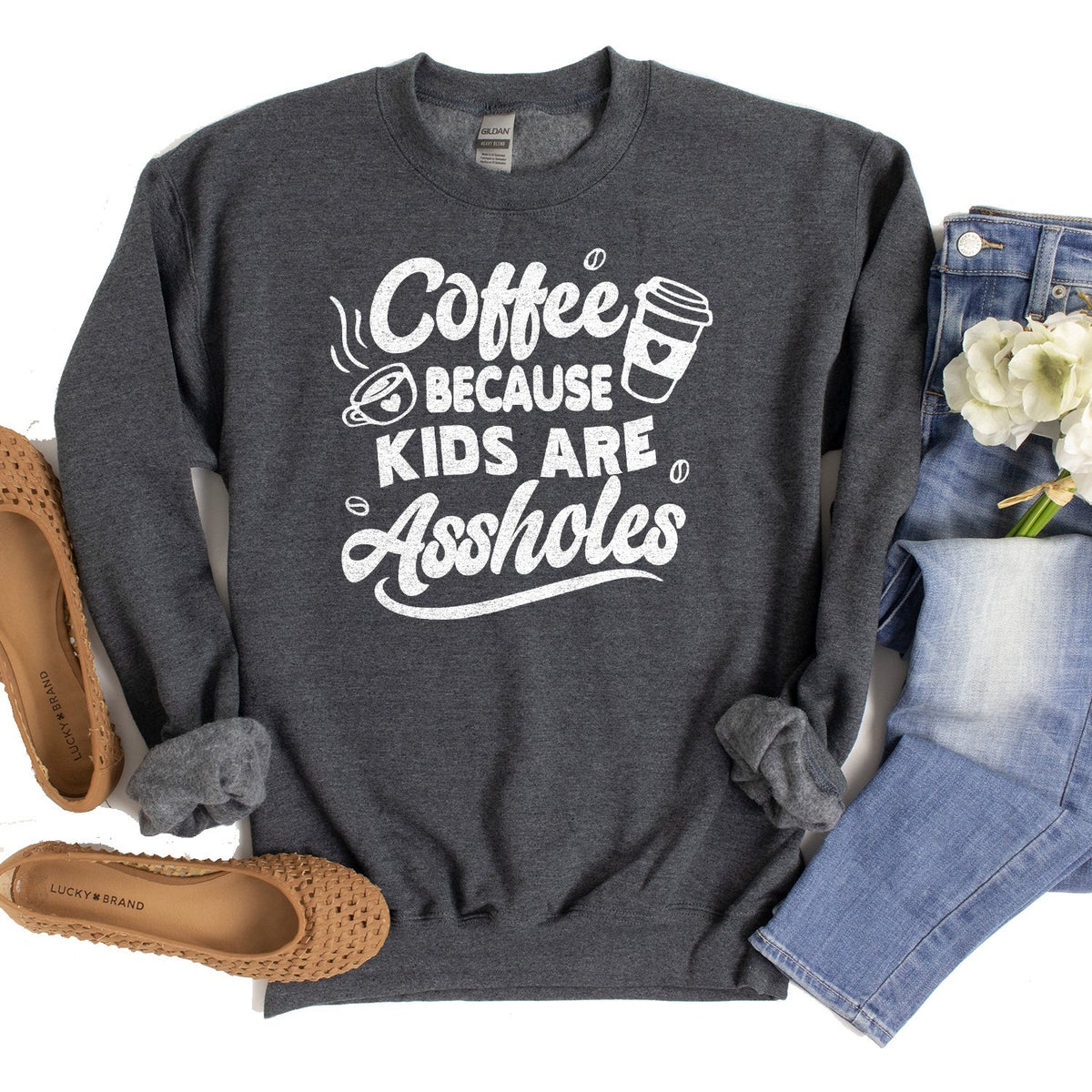 Coffee Because Kids are Assholes - Long Sleeve Heavy Crewneck Sweatshirt