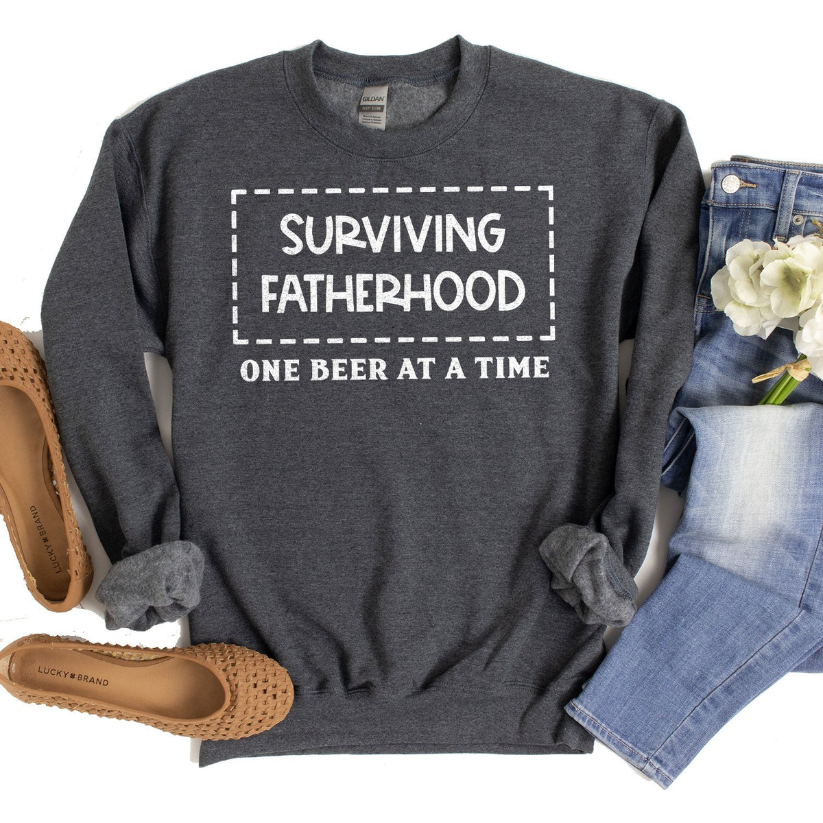 Surviving Fatherhood One Beer At A Time - Long Sleeve Heavy Crewneck Sweatshirt