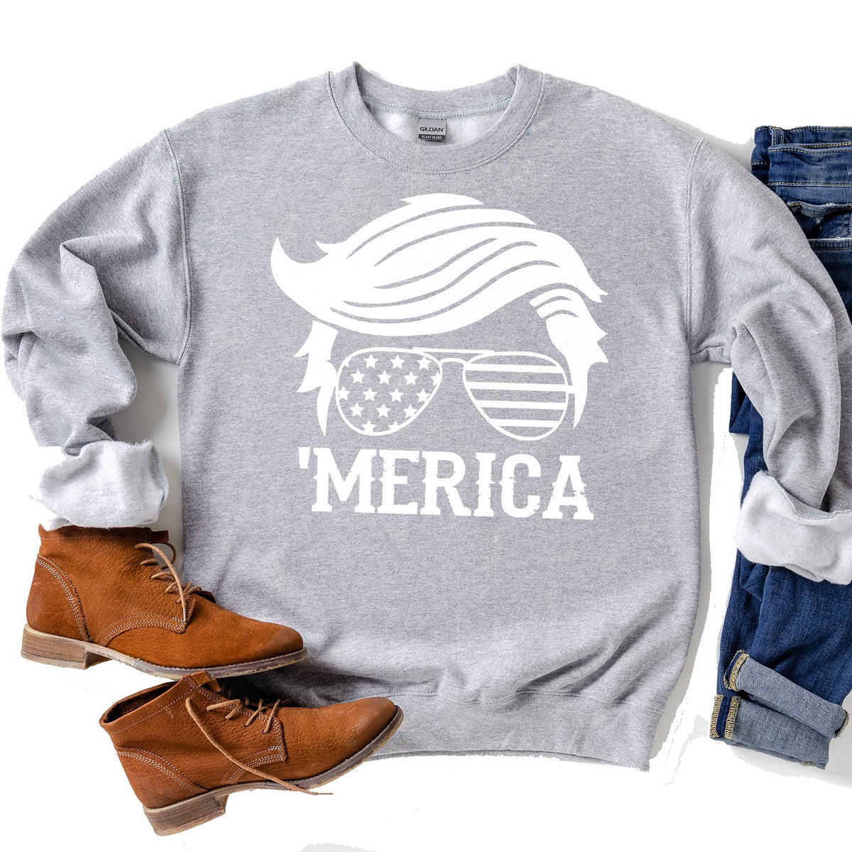 Trump Merica Glasses - Long Sleeve Heavy Crewneck Sweatshirt