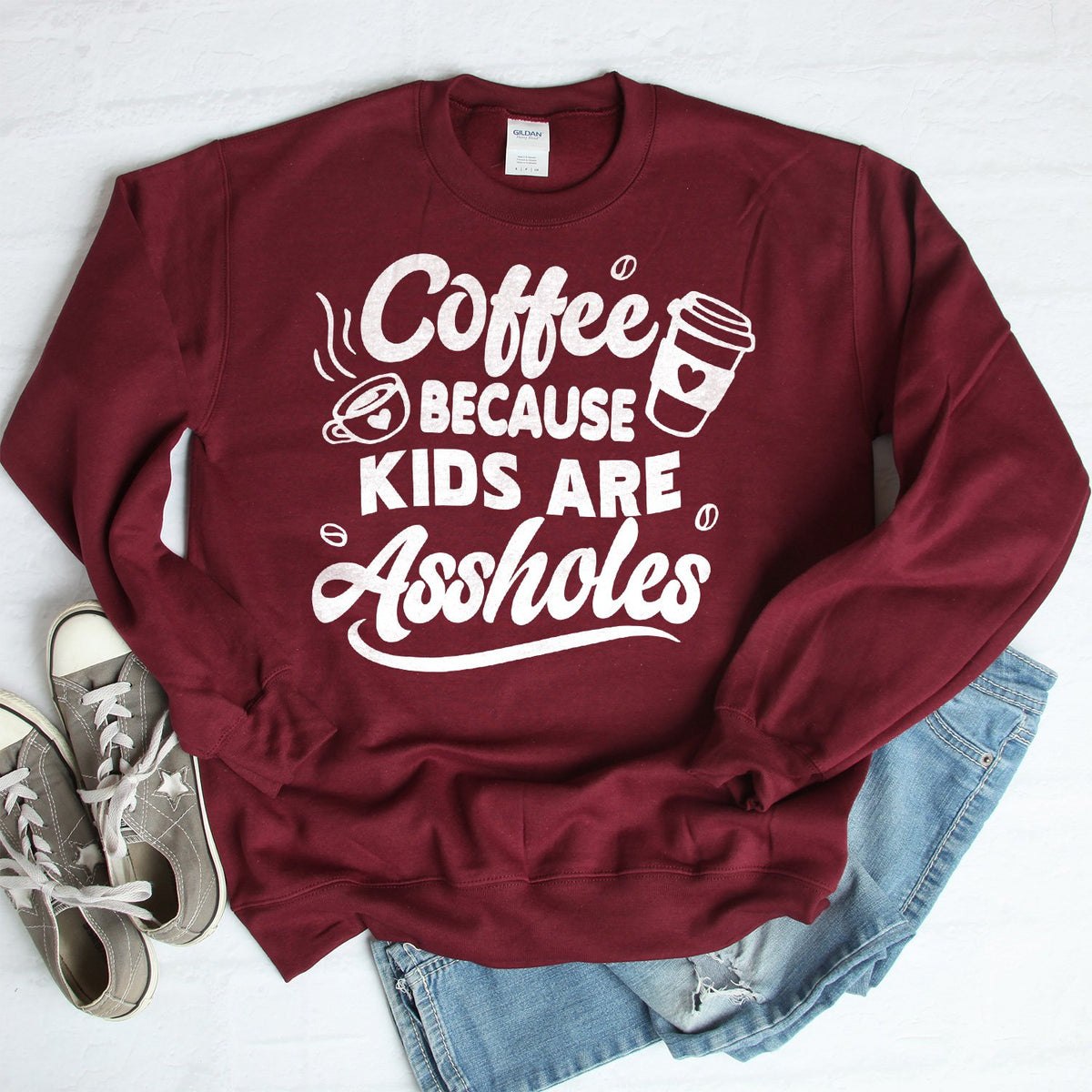 Coffee Because Kids are Assholes - Long Sleeve Heavy Crewneck Sweatshirt