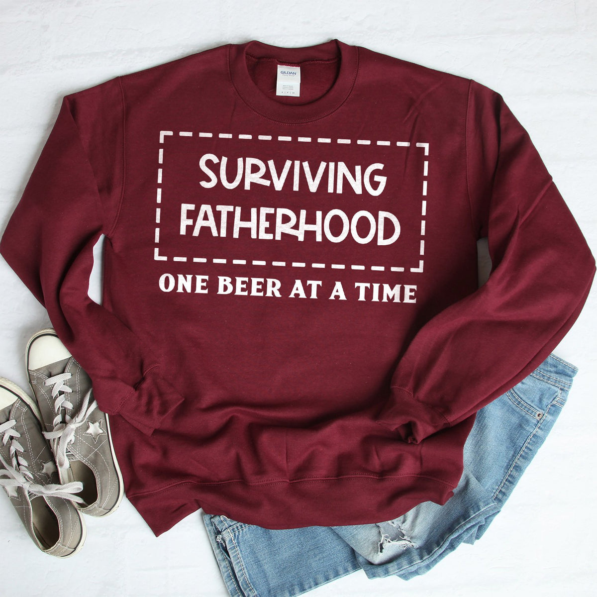 Surviving Fatherhood One Beer At A Time - Long Sleeve Heavy Crewneck Sweatshirt