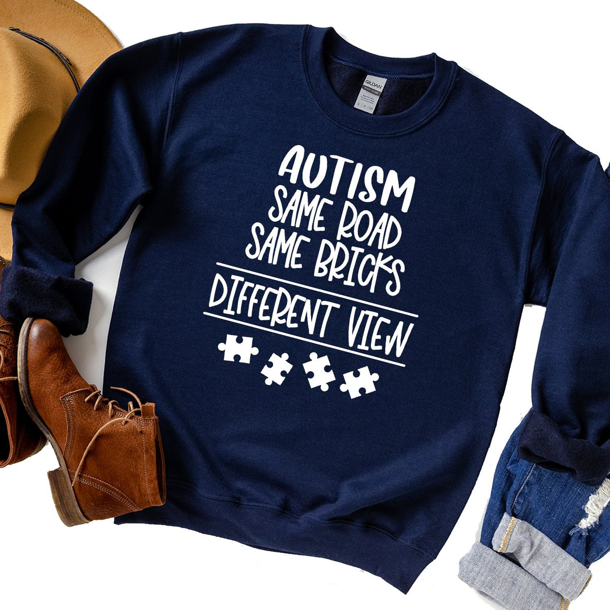 AUTISM Same Road Same Bricks Different View - Long Sleeve Heavy Crewneck Sweatshirt