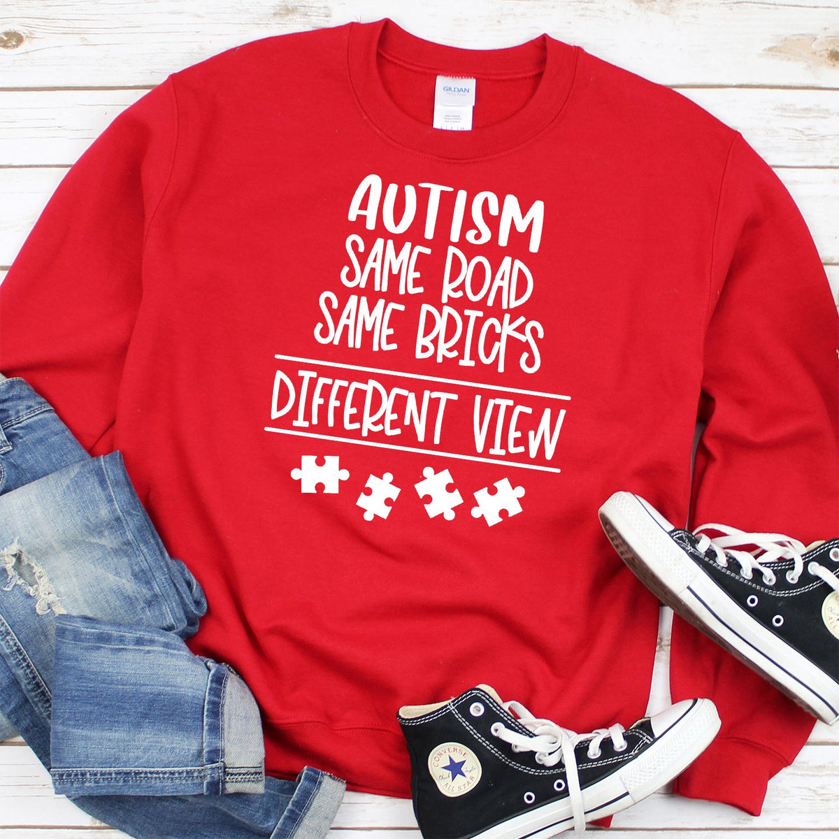 AUTISM Same Road Same Bricks Different View - Long Sleeve Heavy Crewneck Sweatshirt